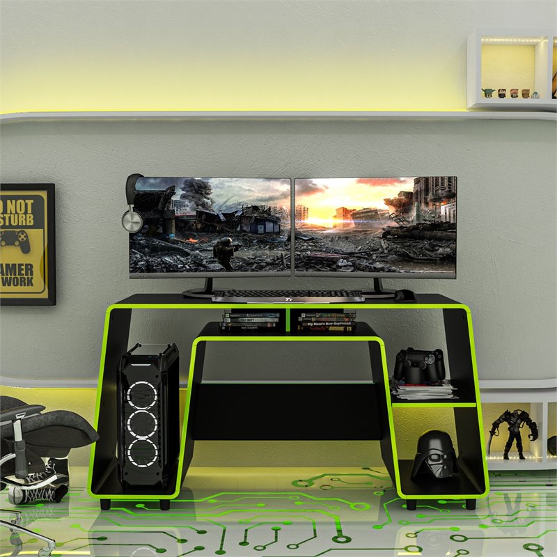 Boahaus Nagoya Modern Wood Gaming Desk with Shelves in Black/Green