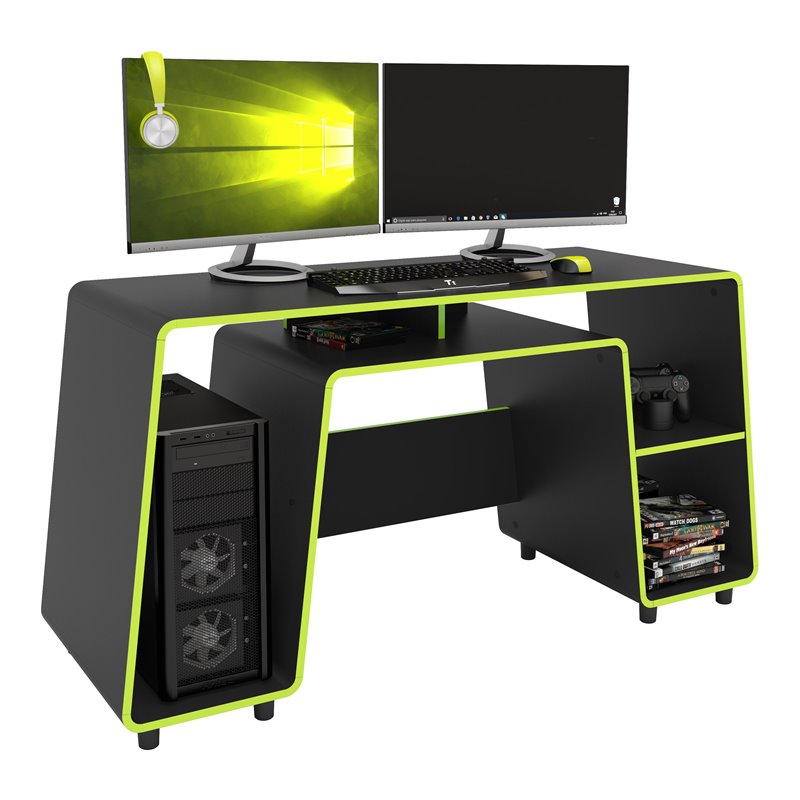 Boahaus Nagoya Modern Wood Gaming Desk with Shelves in Black/Green