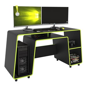 Boahaus Nagoya Modern Wood Gaming Desk with Shelves in Black/Green