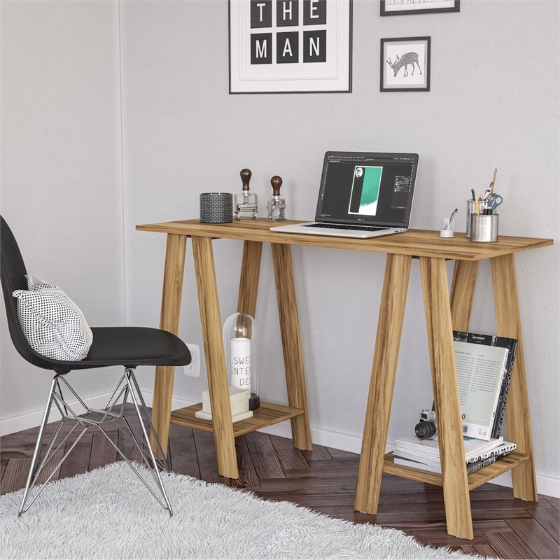 Boahaus Sepang Modern Wood Computer Desk with Open Shelves in Brown