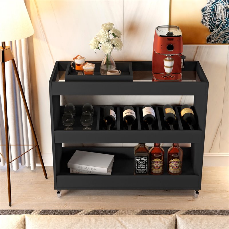 Boahaus Rhyl 5-Rack Modern Wood Bar Cart with Lockable Casters in Black
