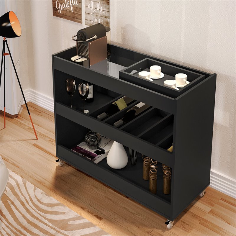 Boahaus Rhyl 5-Rack Modern Wood Bar Cart with Lockable Casters in Black
