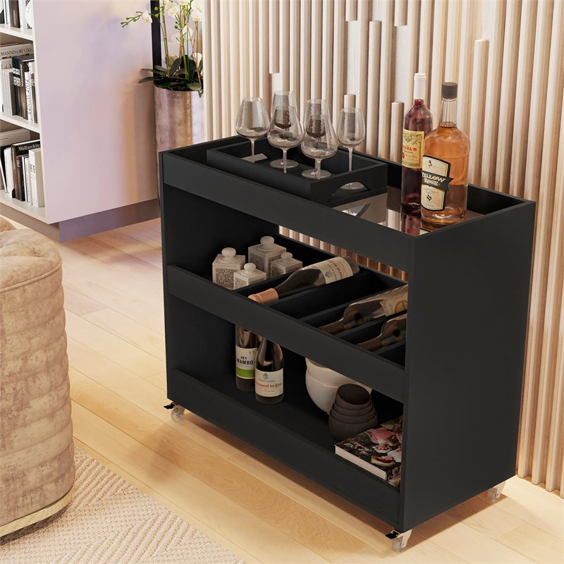 Boahaus Rhyl 5-Rack Modern Wood Bar Cart with Lockable Casters in Black