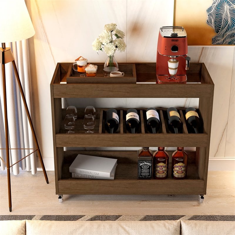 Boahaus Rhyl 5-Rack Modern Wood Bar Cart with Lockable Casters in Dark Brown