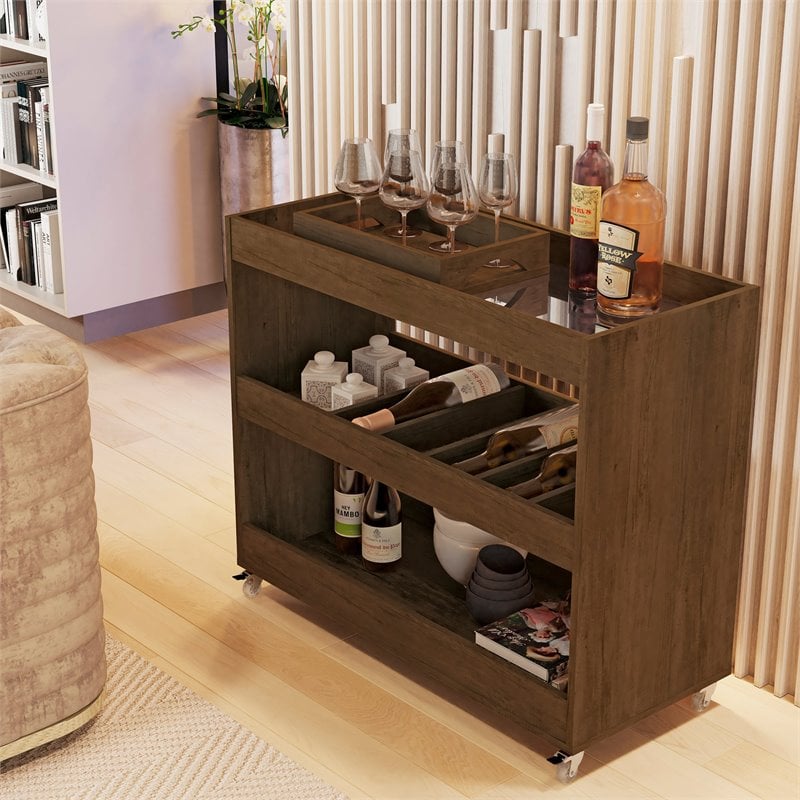 Boahaus Rhyl 5-Rack Modern Wood Bar Cart with Lockable Casters in Dark Brown