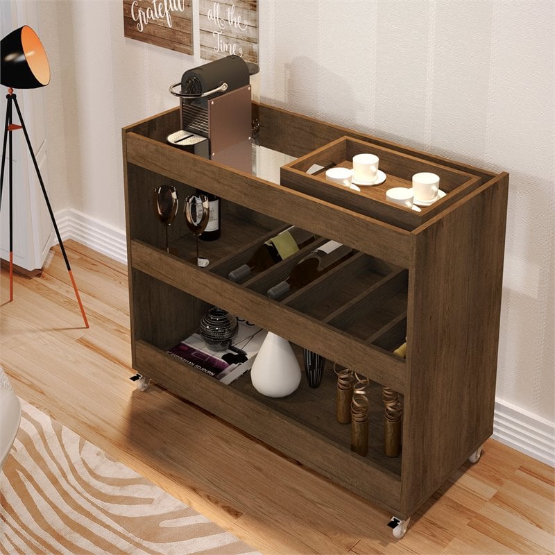 Boahaus Rhyl 5-Rack Modern Wood Bar Cart with Lockable Casters in Dark Brown