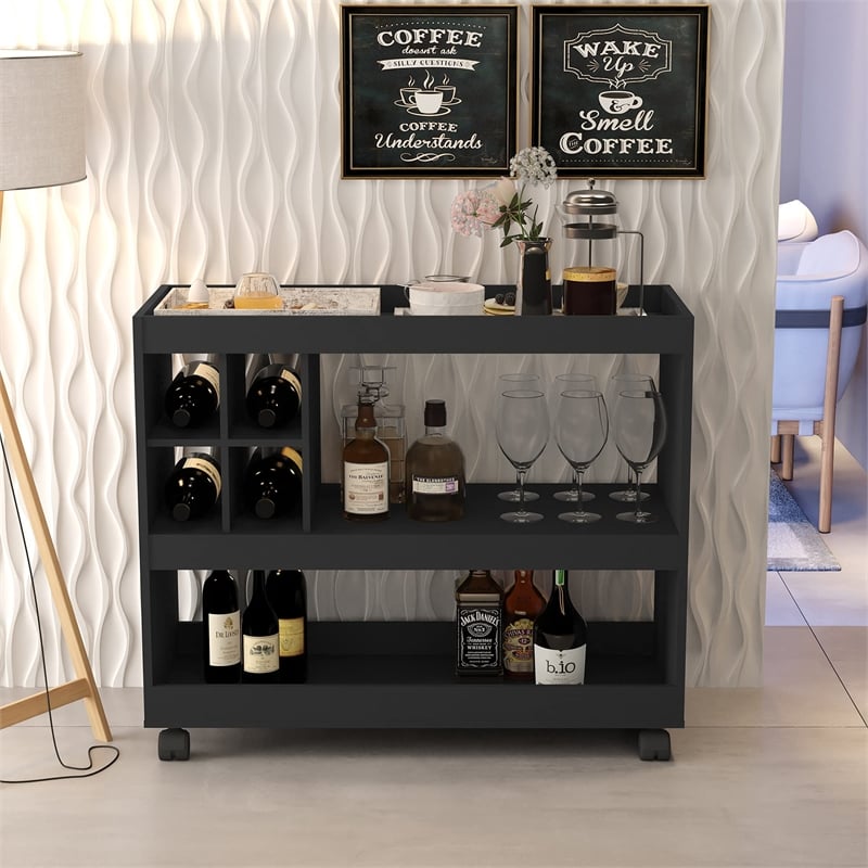 Boahaus Swansea 4-Rack Modern Wood Bar Cart with Lockable Casters in Black