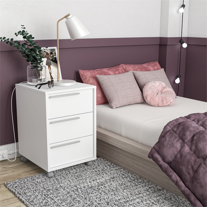 Boahaus Burgos 3-Drawer Modern Wood Nightstand with Casters in White