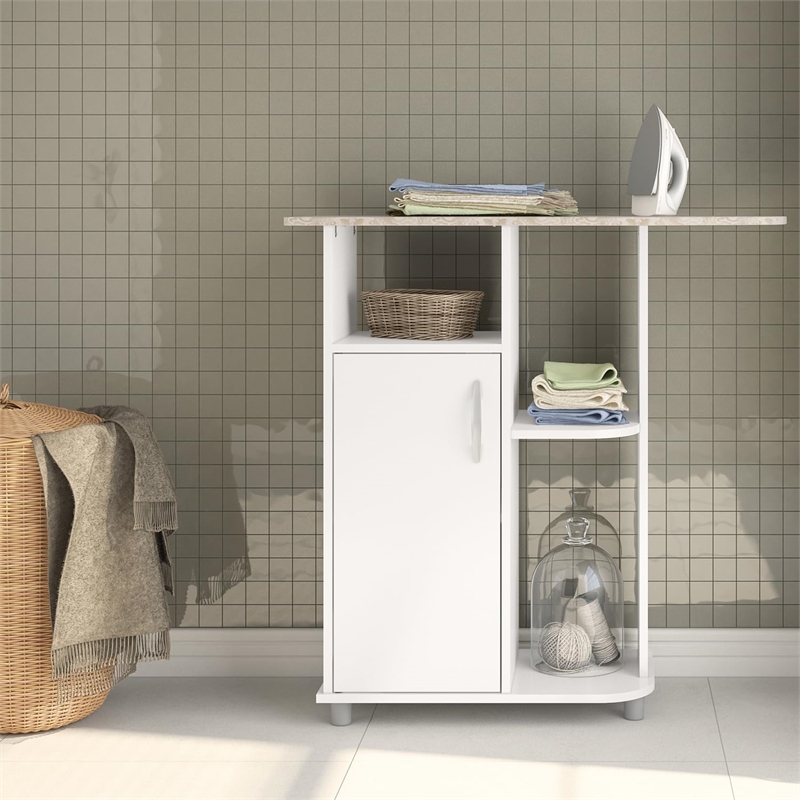 Boahaus Berlin Modern Wood Ironing Cabinet with 3 Open Shelves in White