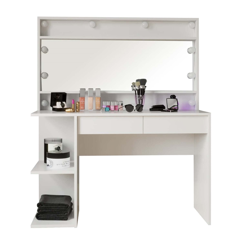 Boahaus Aine 2-Drawer Modern Wood Lighted Vanity with Mirror in White