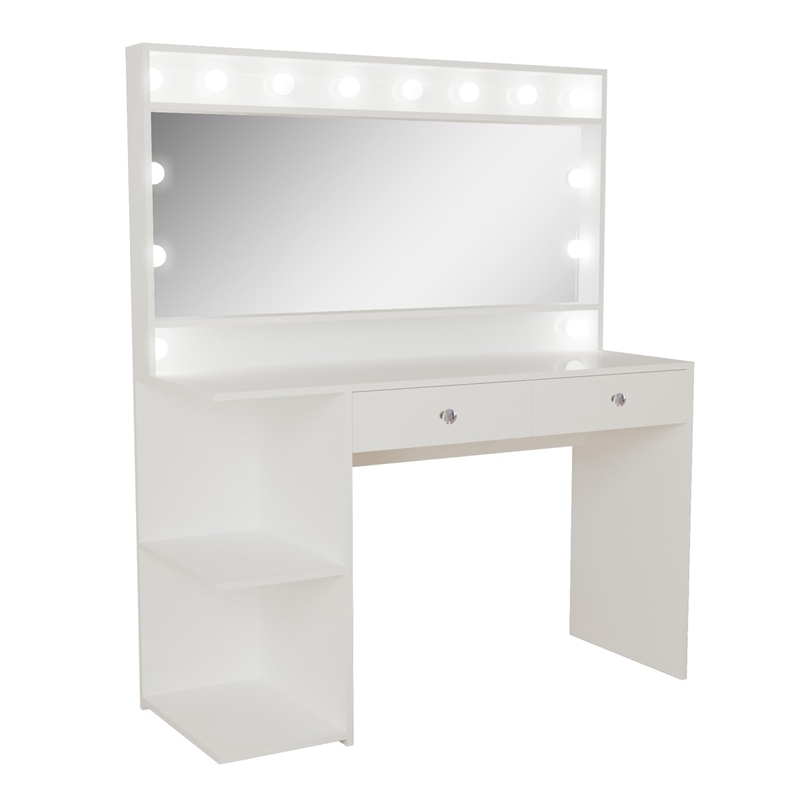 Boahaus Aine 2-Drawer Modern Wood Lighted Vanity with Mirror in White