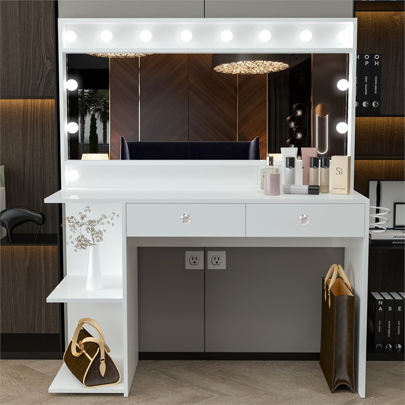 Boahaus Aine 2-Drawer Modern Wood Lighted Vanity with Mirror in White