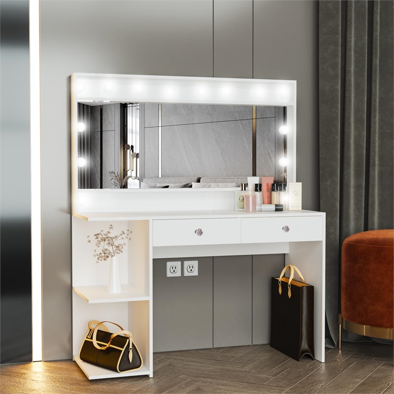 Boahaus Aine 2-Drawer Modern Wood Lighted Vanity with Mirror in White