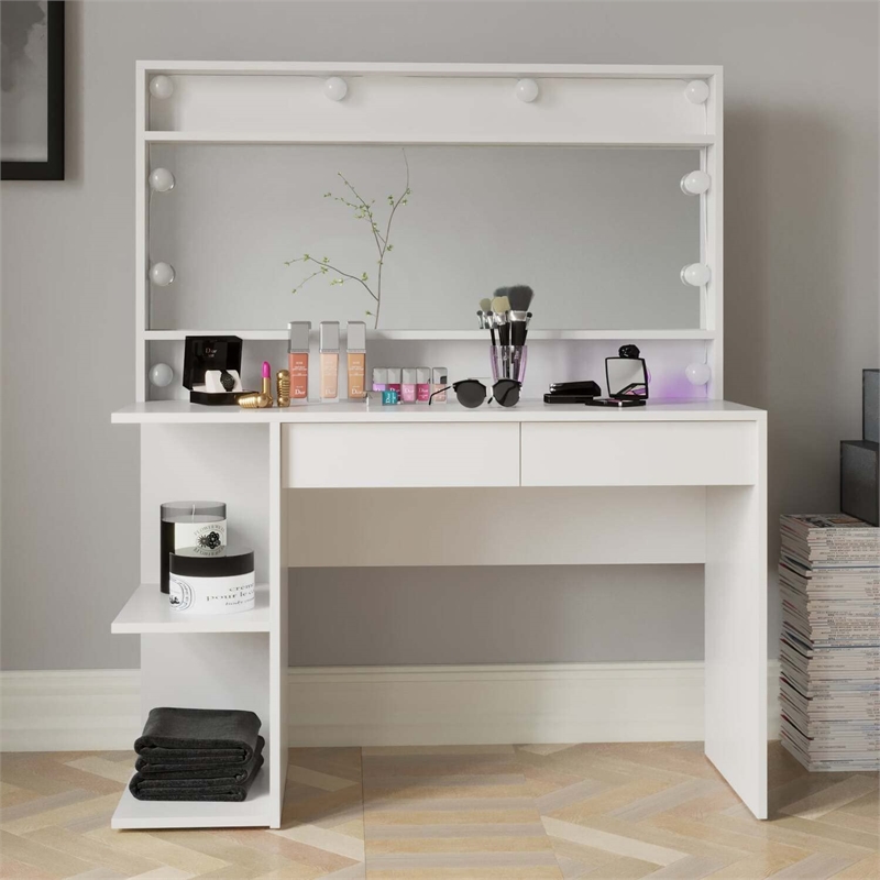 Boahaus Aine 2-Drawer Modern Wood Lighted Vanity with Mirror in White