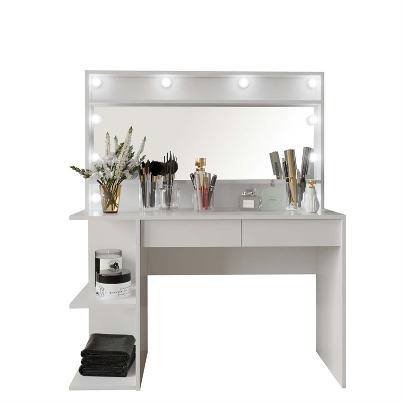 Boahaus Aine 2-Drawer Modern Wood Lighted Vanity with Mirror in White