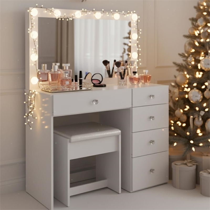 Boahaus Calypso 3-Drawer Modern Wood Makeup Vanity with Mirror in White
