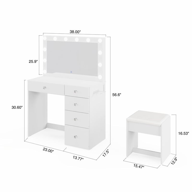 Boahaus Calypso 3-Drawer Modern Wood Makeup Vanity with Mirror in White