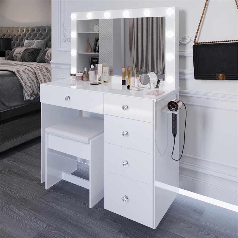 Boahaus Calypso 3-Drawer Modern Wood Makeup Vanity with Mirror in White