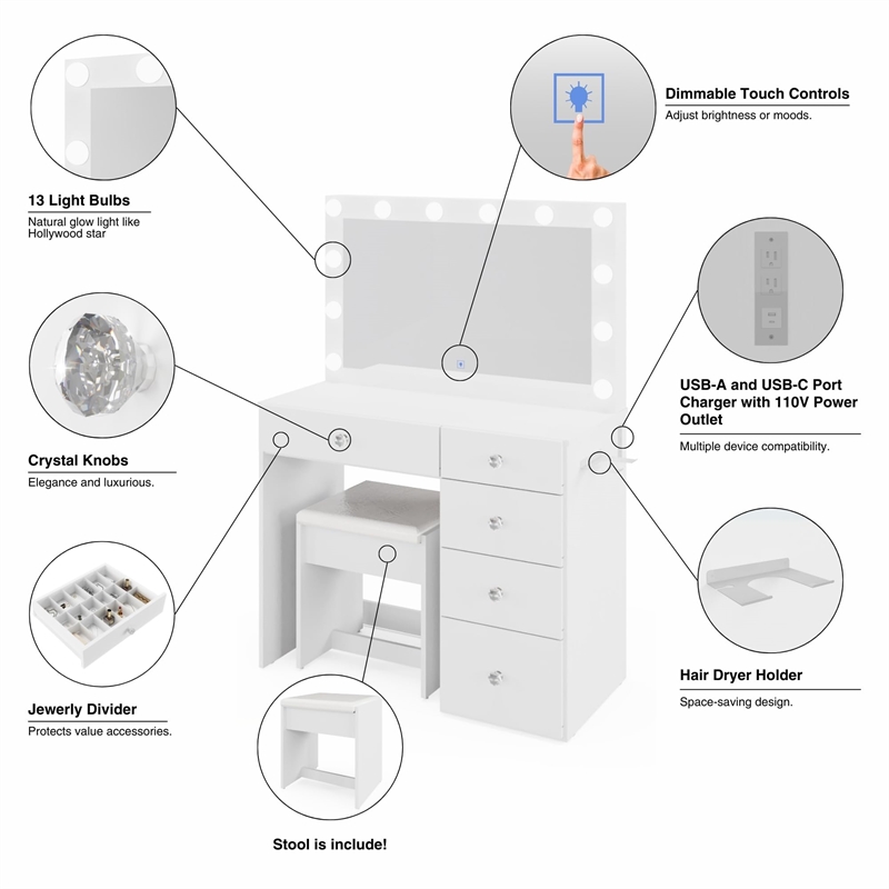 Boahaus Calypso 3-Drawer Modern Wood Makeup Vanity with Mirror in White