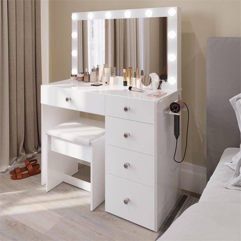 Boahaus Calypso 3-Drawer Modern Wood Makeup Vanity with Mirror in White