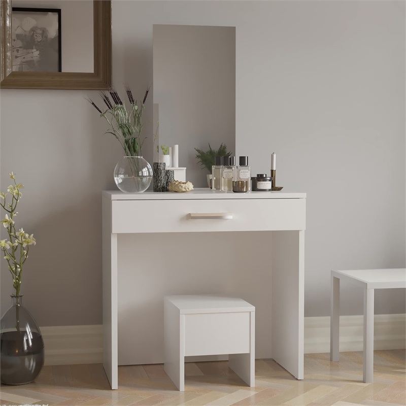 Boahaus Caroline 1-Drawer Modern Wood Makeup Vanity Set with Mirror in White