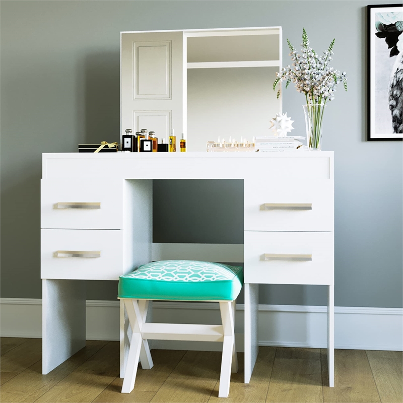 Boahaus Charlotte 4-Drawer Modern Wood Makeup Vanity with Mirror in White
