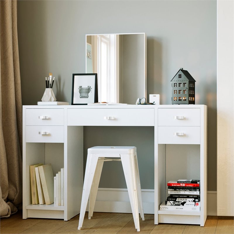 Boahaus Christina 5-Drawer Modern Wood Vanity with Mirror Top in White