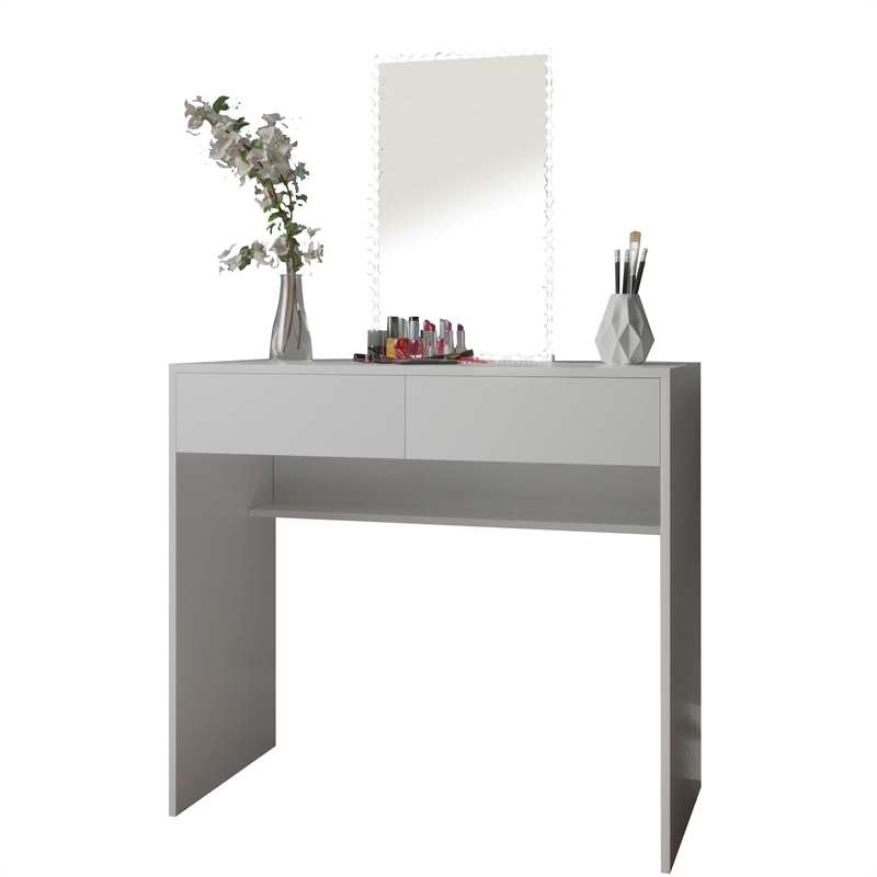 Boahaus Cora 2-Drawer Modern Wood Dressing Table with Lighted Mirror in White