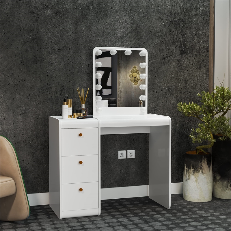 Boahaus Dalia 3-Drawer Modern Wood Lighted Vanity with Mirror in White