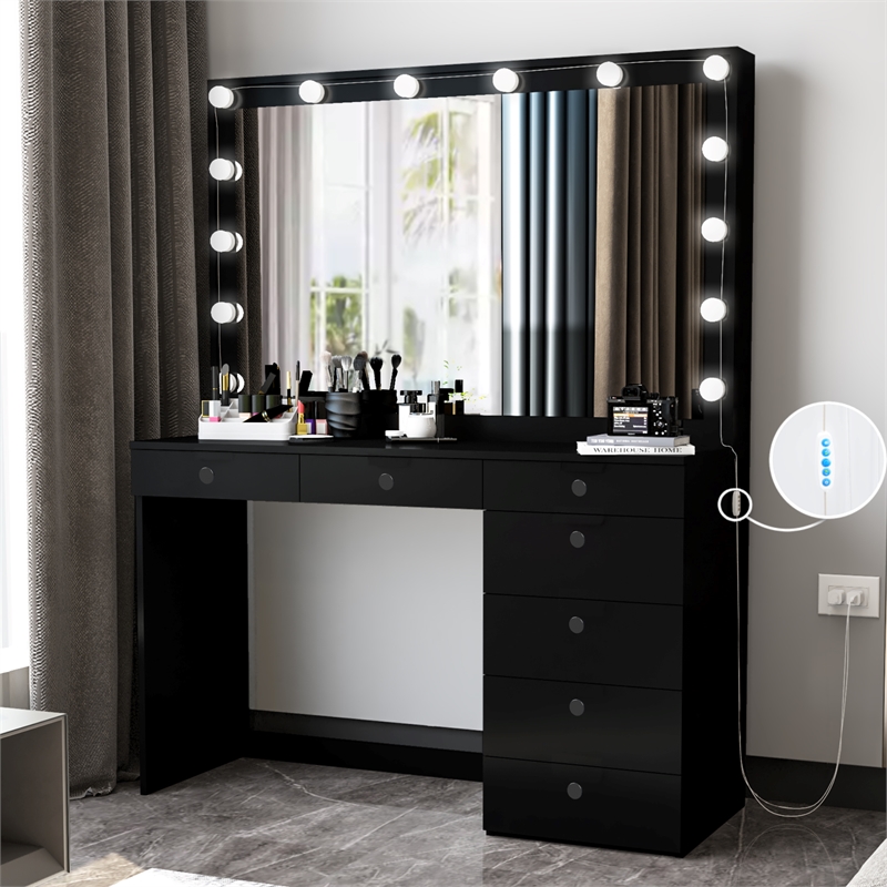 Boahaus Diana 7-Drawer Modern Wood Dressing Table with Mirror in Black