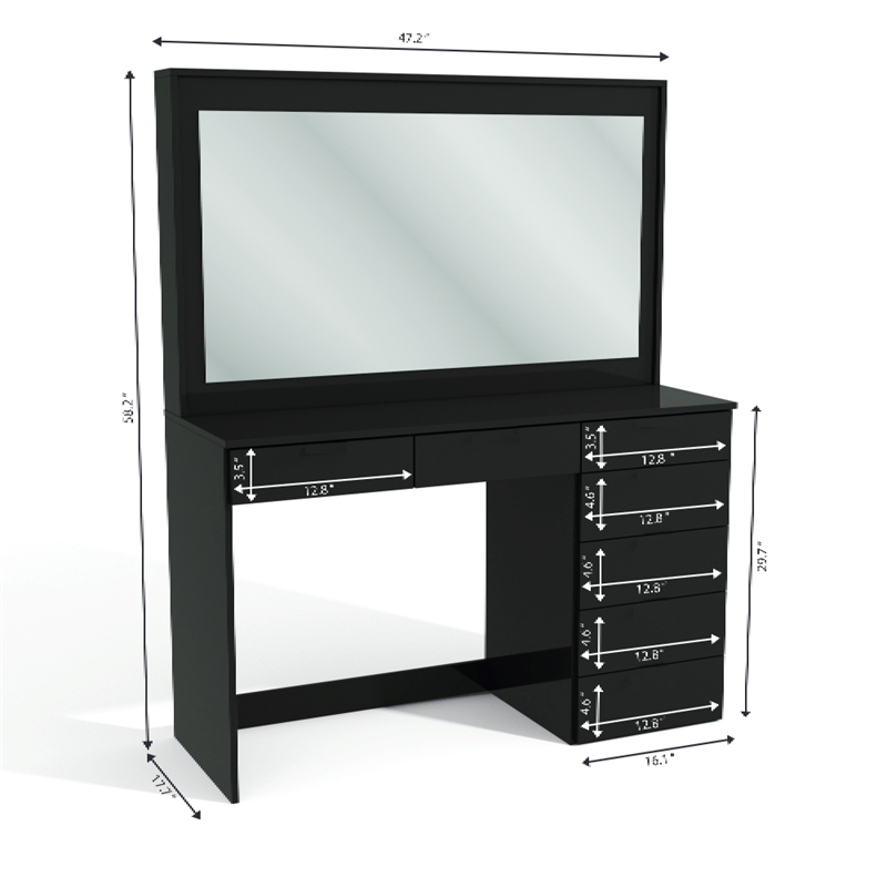 Boahaus Diana 7-Drawer Modern Wood Dressing Table with Mirror in Black