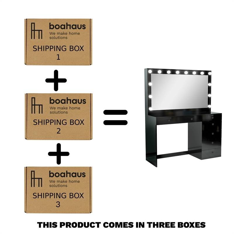 Boahaus Diana 7-Drawer Modern Wood Dressing Table with Mirror in Black