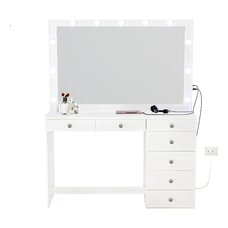 Boahaus Diana 7-Drawer Modern Dressing Table with Mirror and Lights White