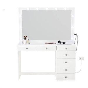 Boahaus Diana 7-Drawer Modern Dressing Table with Mirror and Lights White