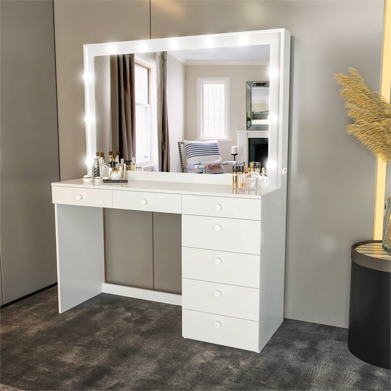 Boahaus Diana 7-Drawer Modern Dressing Table with Mirror and Lights White
