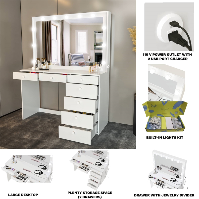 Boahaus Diana 7-Drawer Modern Dressing Table with Mirror and Lights White