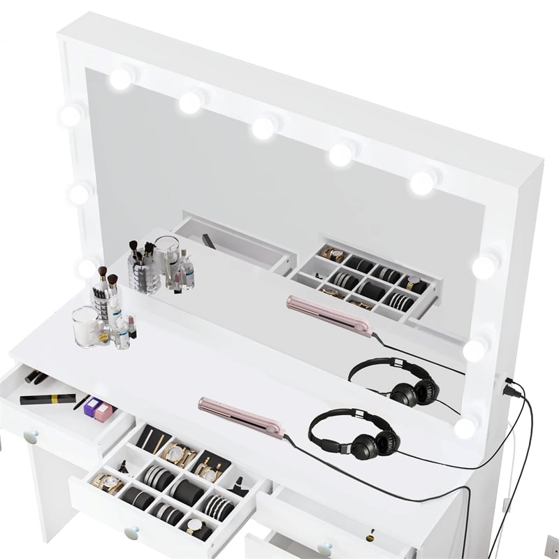 Boahaus Diana 7-Drawer Modern Dressing Table with Mirror and Lights White