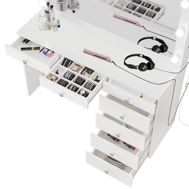 Boahaus Diana 7-Drawer Modern Dressing Table with Mirror and Lights White