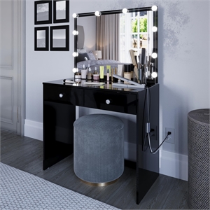 Boahaus Doris 2-Drawer Modern Wood Dressing Table with Mirror in Black