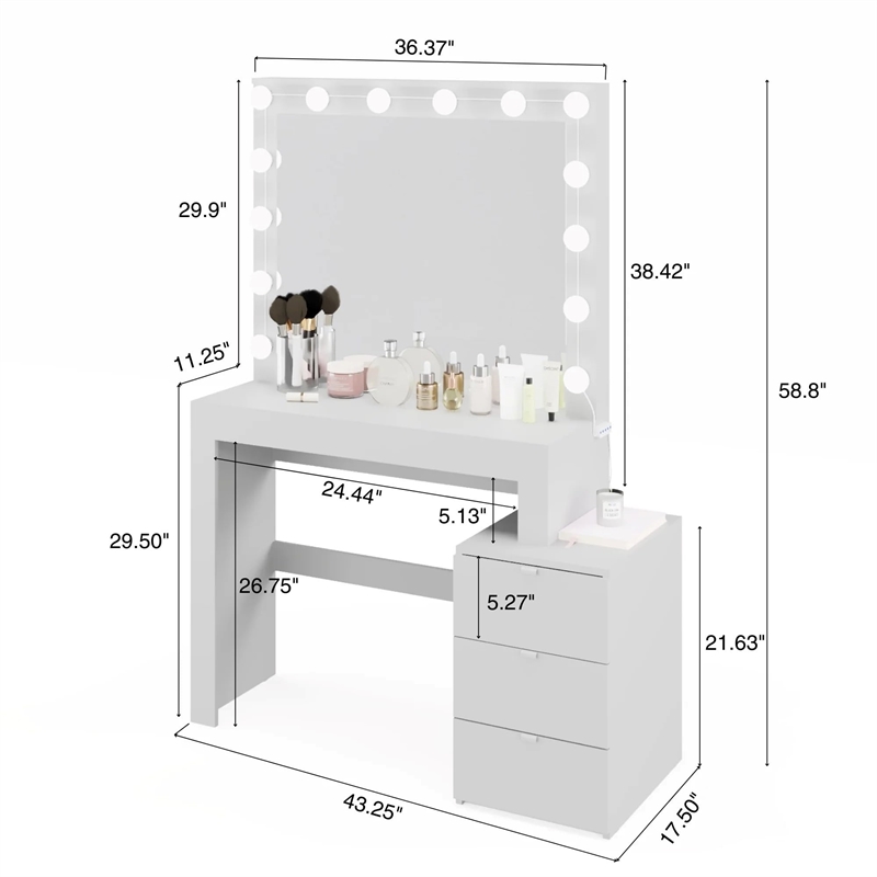 Boahaus Eleanor 3-Drawer Modern Wood Dressing Table with Mirror in White