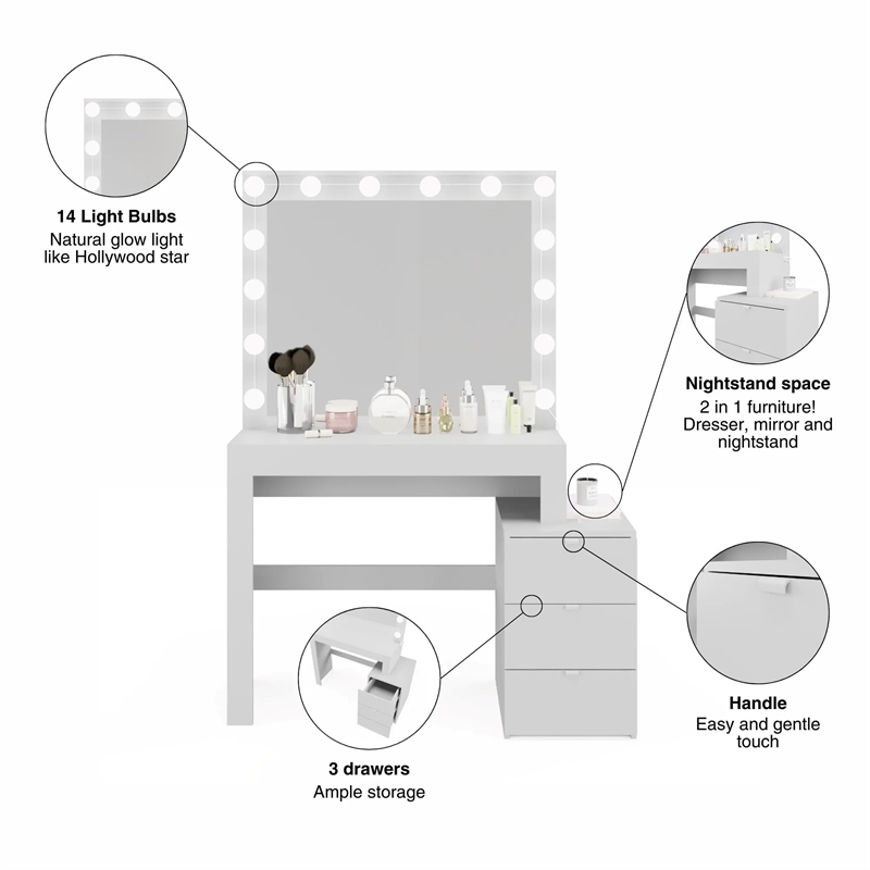 Boahaus Eleanor 3-Drawer Modern Wood Dressing Table with Mirror in White
