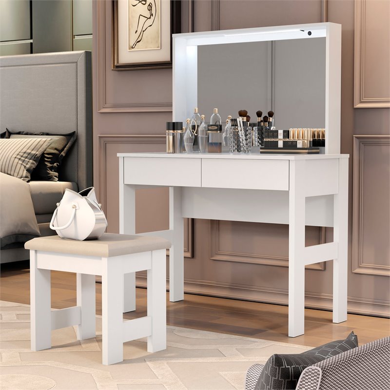Boahaus Emma 2-Drawer Modern Wood Vanity Set with LED Lights in White