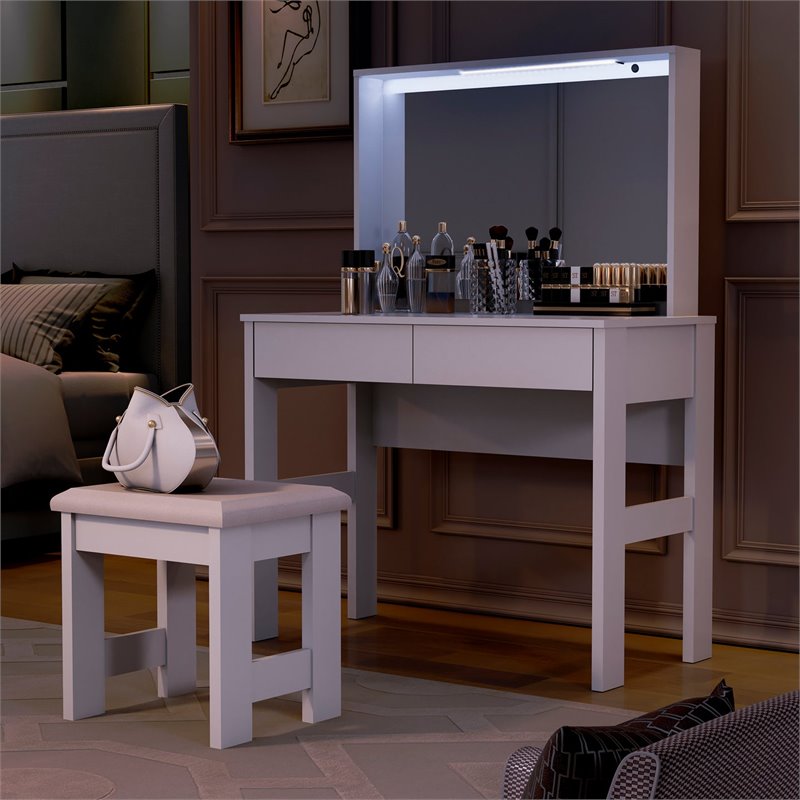 Boahaus Emma 2-Drawer Modern Wood Vanity Set with LED Lights in White