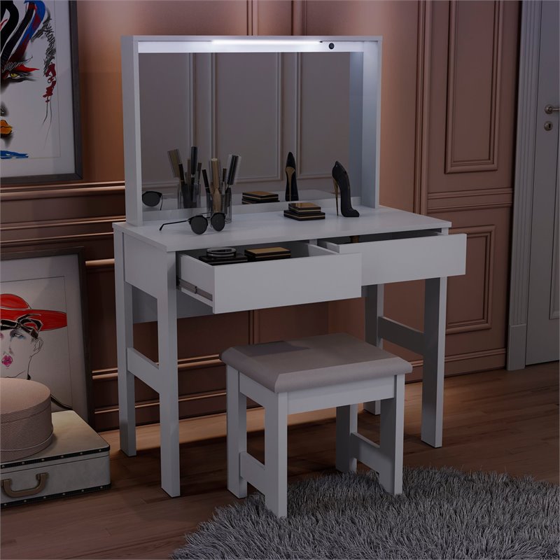 Boahaus Emma 2-Drawer Modern Wood Vanity Set with LED Lights in White