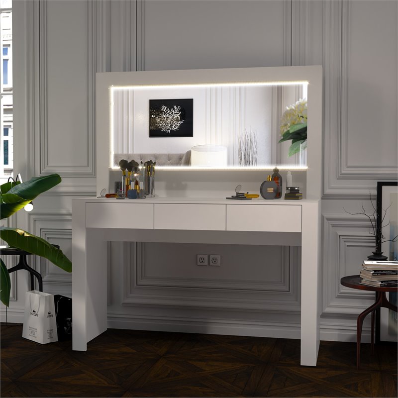 Boahaus Enid 3-Drawer Modern Wood Lighted Vanity with LED Light Strip in White