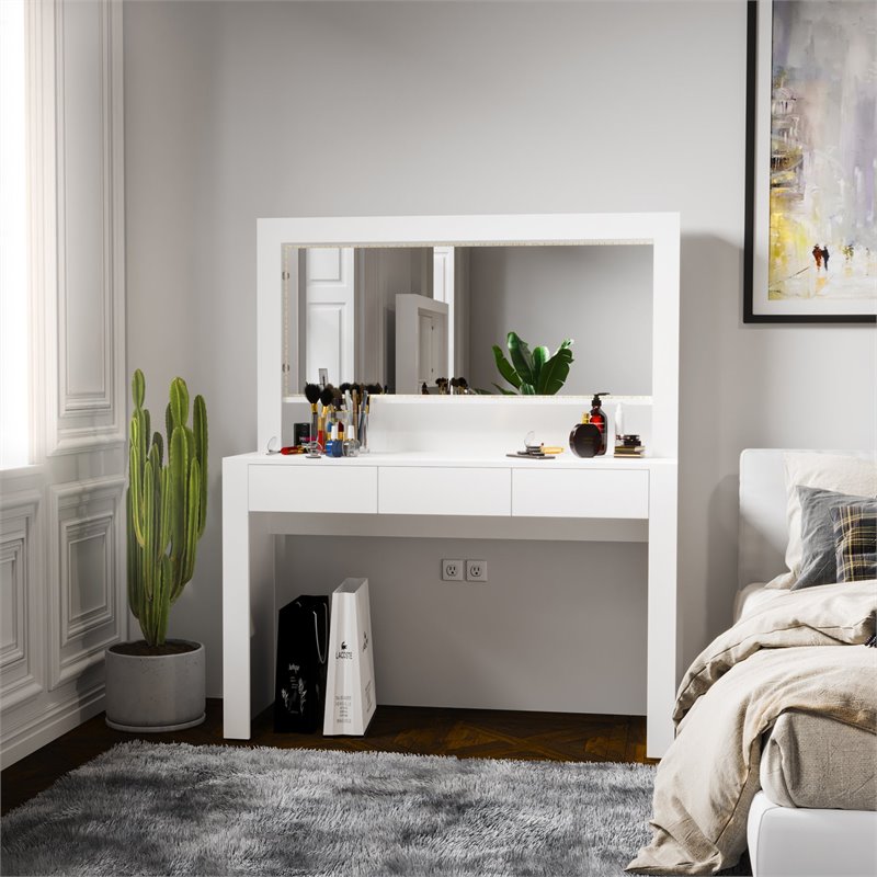 Boahaus Enid 3-Drawer Modern Wood Lighted Vanity with LED Light Strip in White