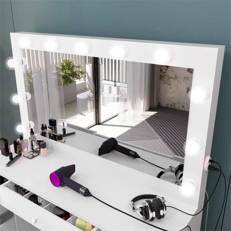 Boahaus Freya 7-Drawer Modern Wood Vanity with Light Bulbs in White