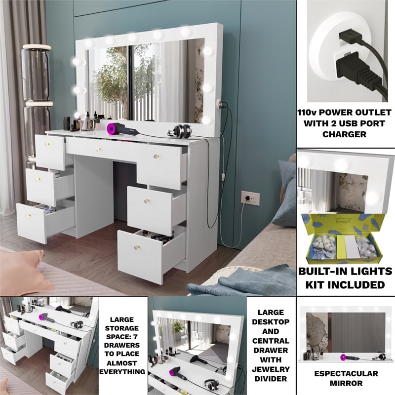 Boahaus Freya 7-Drawer Modern Wood Vanity with Light Bulbs in White
