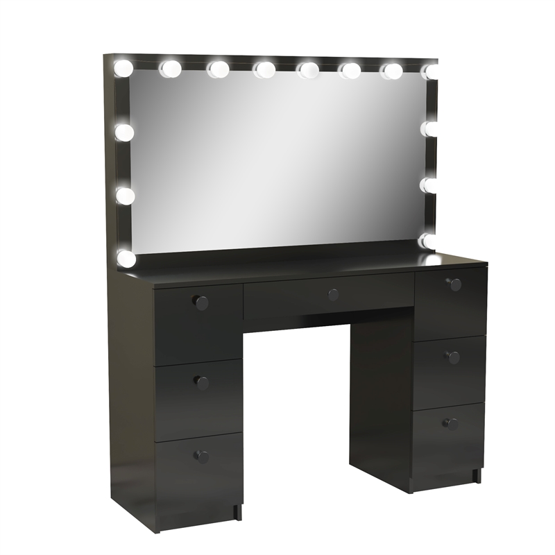 Modern Vanity Table with Mirror, Dressing Table Hollywood Light and 7  Drawers