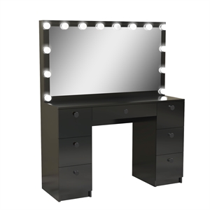 Boahaus Freya 7-Drawer Modern Wood Vanity with Light Bulbs in Black
